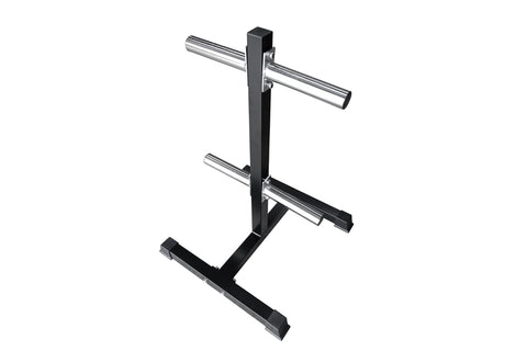 Warrior Olympic Weight Plate Tree with black steel frame and two chrome horizontal bars for storing weight plates, on white b