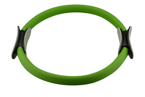 Bright green pilates ring with black and gray grip handles on white background