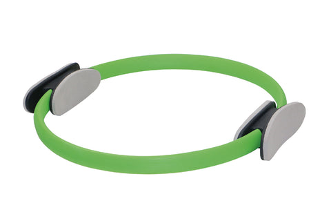 Bright green pilates ring with black and gray grip handles on white background
