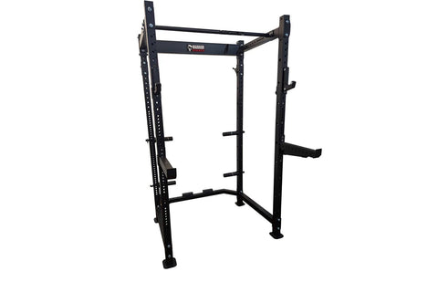 Black power rack with adjustable weight bar holders, safety spotter arms, and J-hooks mounted on white background