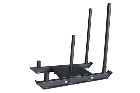 Black metal weight sled with four tall antenna-style posts and flat base platform, designed for push and pull training exerci