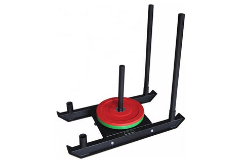 Black metal weight sled with four tall antenna-style posts and flat base platform, designed for push and pull training exerci