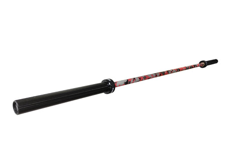 Warrior 6-bearing cerakote barbell with red camo pattern and black shaft, close-up detail view