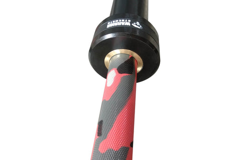Warrior 6-bearing cerakote barbell with red camo pattern and black shaft, close-up detail view