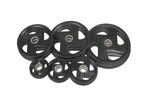Set of black rubber grip Olympic weight plates in various sizes arranged on white background