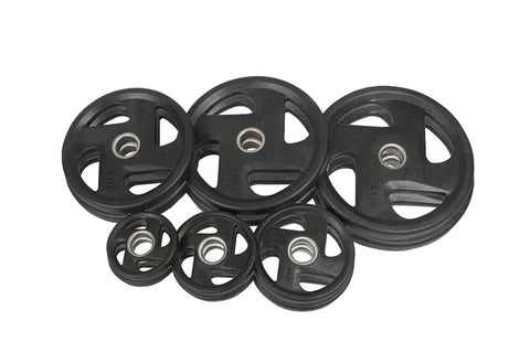Black rubber Olympic weight plate with three grip cutouts and chrome center collar on white background