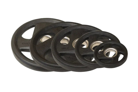 Warrior Rubber Grip Olympic Weight Plate Set in black, five plates arranged by size on white background