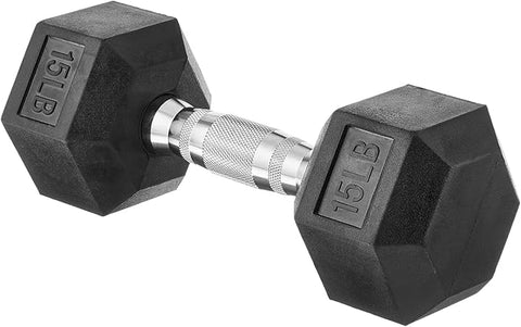 Set of four black rubber hex dumbbells with chrome handles in progressively smaller sizes on white background