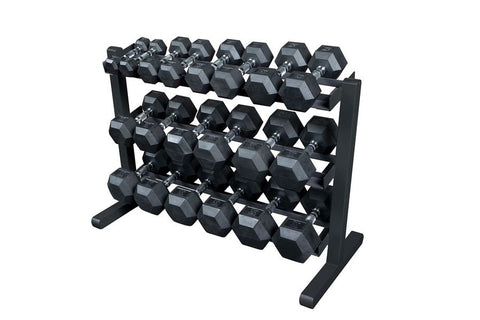 Black 3-tier horizontal dumbbell rack with sturdy frame and wide base, displayed on white background