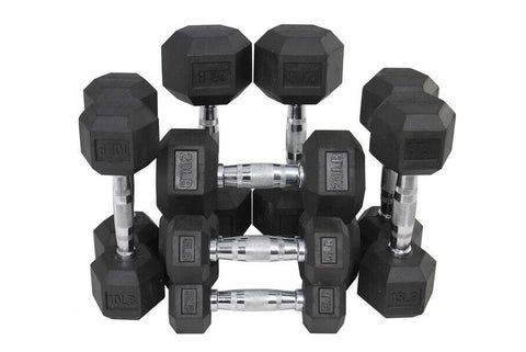 Three-tier black rubber hex dumbbell rack with chrome handles holding multiple pairs of weights on white background