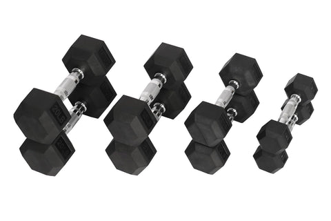 Set of four black hexagonal rubber dumbbells with chrome handles, arranged by increasing weight on white background
