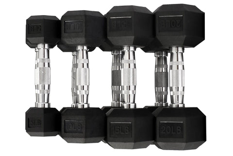 Set of four black hexagonal rubber dumbbells with chrome handles, arranged by increasing weight on white background