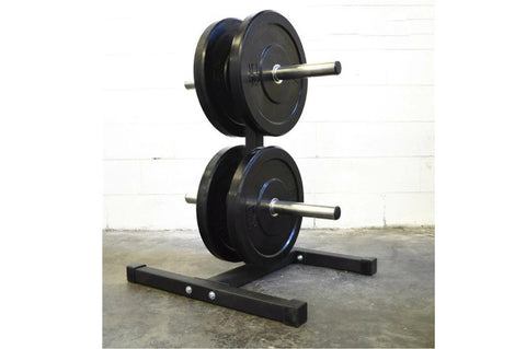 Warrior Olympic Weight Plate Tree with black steel frame and two chrome horizontal bars for storing weight plates, on white b