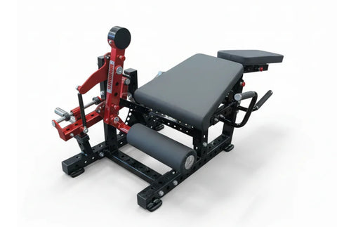 Red and black commercial leg extension and prone leg curl machine with padded seat, adjustable backrest, and weight plate peg