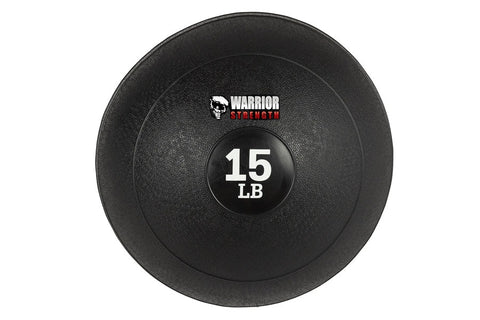 Warrior Strength black rubber 15 LB slam ball with textured surface on white background