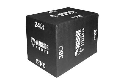 Black foam plyometric box with white text and logo, 24-inch height, on white background