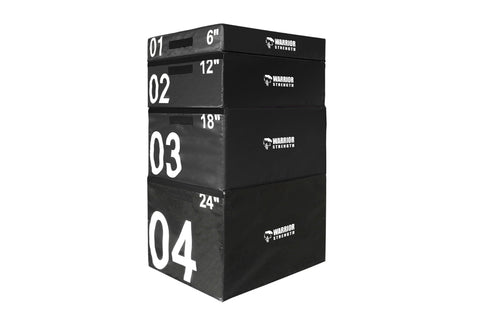 Warrior Strength black stackable plyo boxes in four sizes: 6", 12", 18", and 24", stacked on white background
