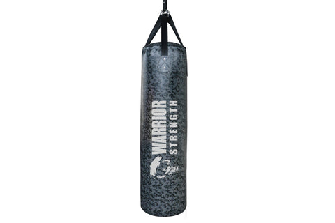 Warrior Pro heavy punching bag in dark gray textured vinyl with black straps, hanging against white background
