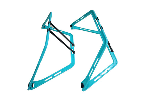 Turquoise collapsible agility hurdles with black straps and white accents, shown in folded and open positions on white backgr
