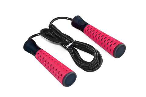 Warrior Elite Soft Grip Speed Rope with pink textured handles, black cord, and dark blue end caps on white background