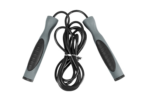 Warrior Weighted Speed Rope with gray and black contour grips and black cord, flat lay on white background