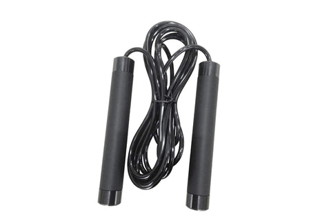 Black speed jump rope with foam handles and connected cable on white background