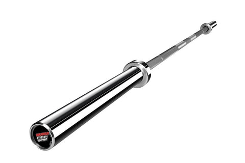 Warrior stainless steel Olympic barbell with chrome finish, rotating sleeves, and red text logo on end cap, on white backgrou