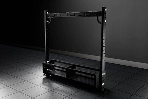 Warrior multi-purpose storage rack with adjustable shelving, holding yellow, purple, red, and mint resistance bands on horizo