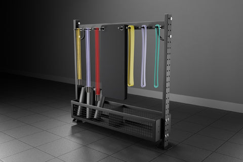 Warrior multi-purpose storage rack with adjustable shelving, holding yellow, purple, red, and mint resistance bands on horizo