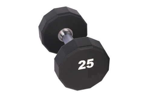 Black 12-sided urethane dumbbells arranged on tiered metal rack, labeled 5 to 50 pounds, in gym setting