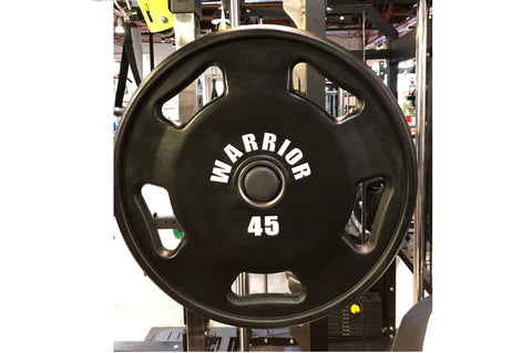 Black rubber Olympic weight plate with "Warrior" branding and "45" marking, dual handles, displayed front-facing