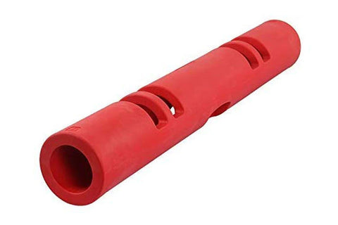 Red rubber training tube with two grip handles and hollow center, on white background