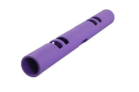 Purple foam roller with black grip handles and resistance slots along cylindrical body on white background
