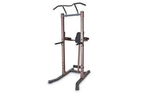 Warrior VKR/Dip Power Tower with burgundy steel frame, black foot pads, and padded handles on white background