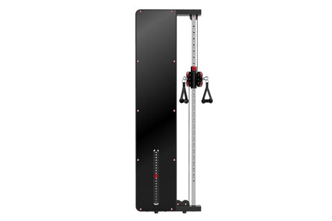 Warrior wall-mounted cable pulley home gym system with single black stack, silver vertical rail, and black handles on white b