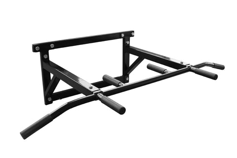 Black steel wall-mounted pull-up bar with multiple grip handles and bolted bracket mounting on white background