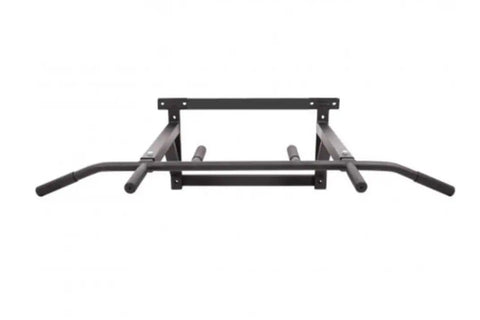 Black steel wall-mounted pull-up bar with multiple grip handles and bolted bracket mounting on white background