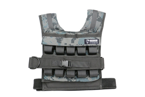 Warrior weighted vest in gray digital camouflage with padded shoulder straps, weight pockets, and adjustable buckle closure o