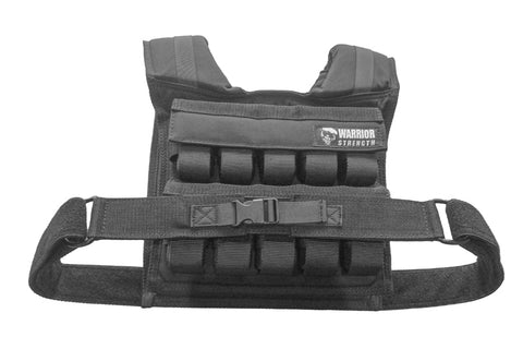 Black weighted vest with multiple resistance pockets, adjustable shoulder straps, and front buckle closure on white backgroun