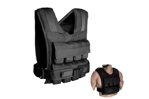 Black weighted vest with multiple resistance pockets, adjustable shoulder straps, and front buckle closure on white backgroun