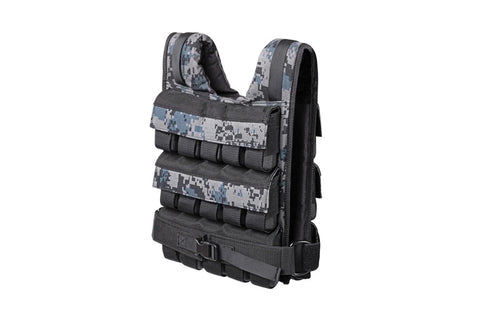 Warrior weighted vest in gray digital camouflage with padded shoulder straps, weight pockets, and adjustable buckle closure o