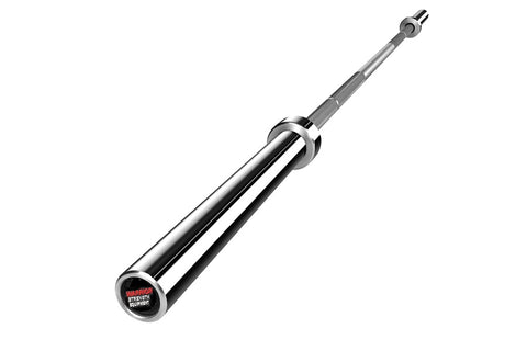 Warrior stainless steel Olympic barbell with chrome finish, rotating sleeves, and red text logo on end cap, on white backgrou