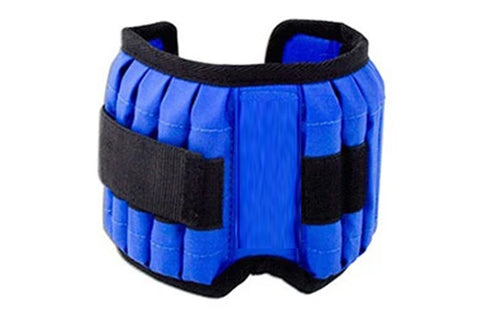Blue neoprene wrist weight with black nylon straps and padded compartments, shown on white background