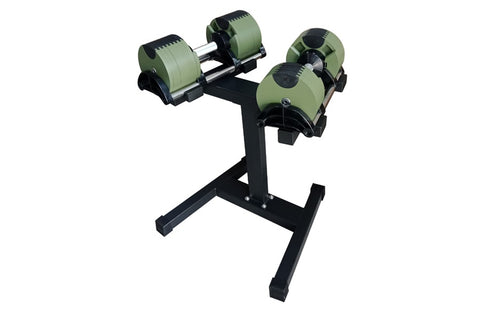 Warrior Newbell adjustable dumbbell stand with sage green and black dumbbells on black metal frame, isolated on white backgro