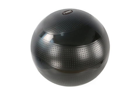 Black textured exercise ball with perforated grip surface and metallic silver band detail on white background
