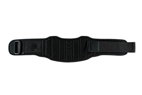 Black weightlifting belt with gray mesh lining and removable lumbar support pad, shown with detached pad on white background