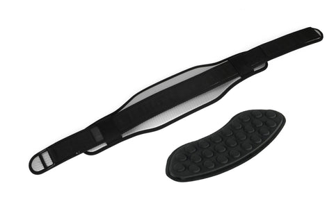 Black weightlifting belt with gray mesh lining and removable lumbar support pad, shown with detached pad on white background