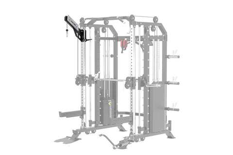 Warrior Lat Pulldown Attachment with silver beam, black metal bracket, carabiner, and pulley system on white background