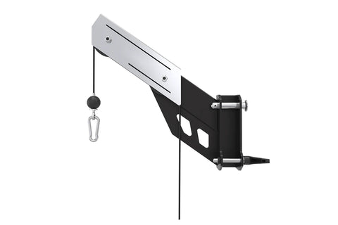 Warrior Lat Pulldown Attachment with silver beam, black metal bracket, carabiner, and pulley system on white background