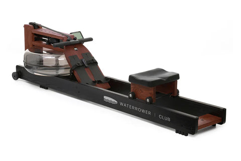WaterRower Club rowing machine with dark wood frame, black base, water tank, and padded seat on white background